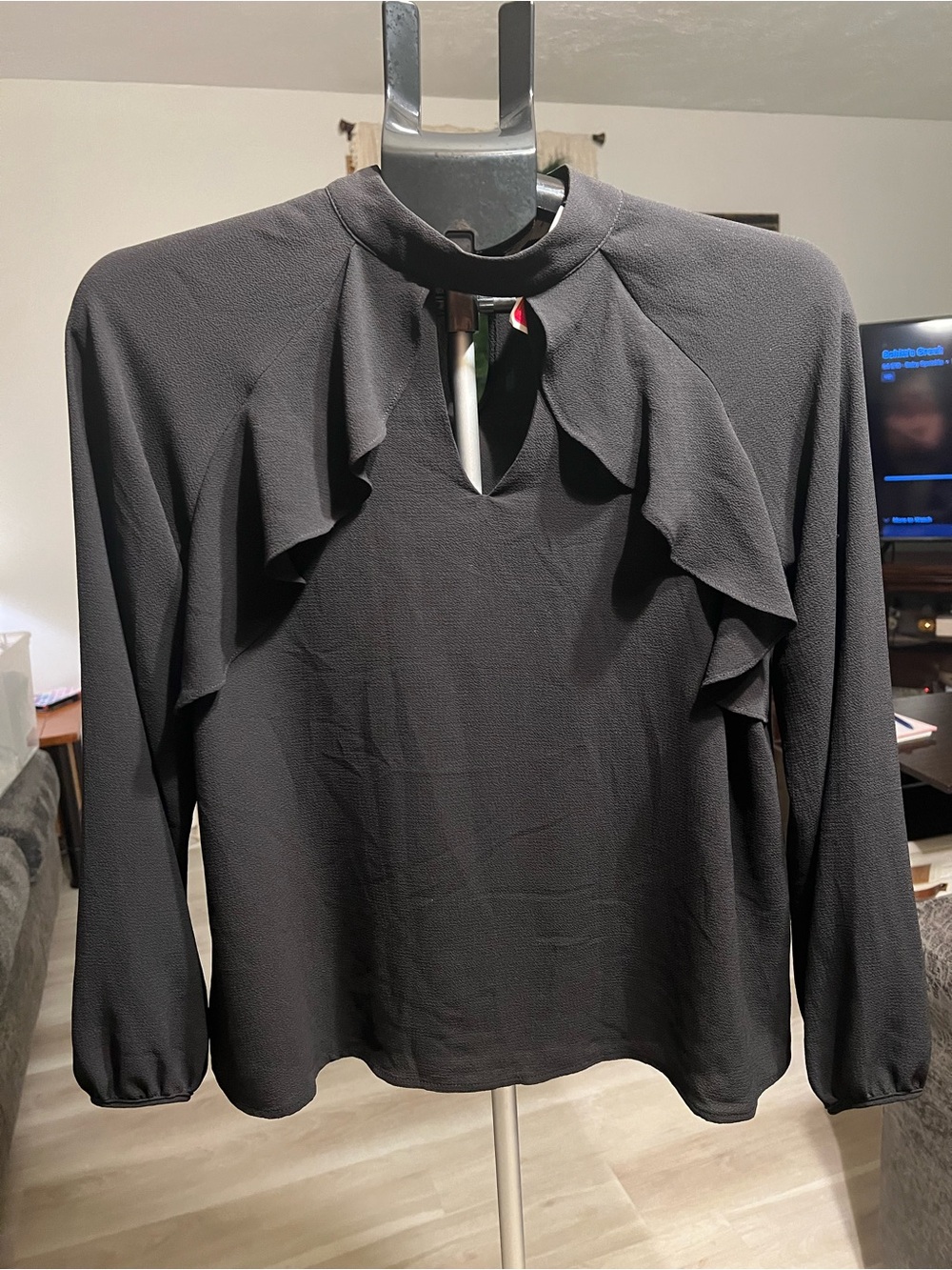 Monteau Black Ruffle Keyhole Long Sleeve Blouse